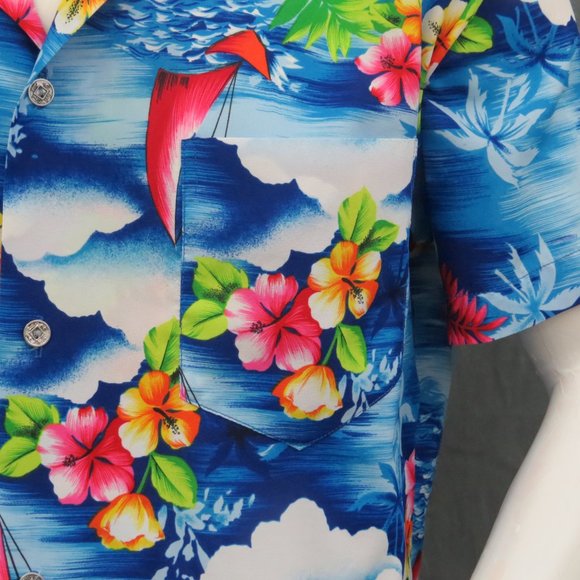 Vintage Hawaiian Shirt - Cloud and Sailboat floral Graphic - Men's XL - Picture 2 of 10